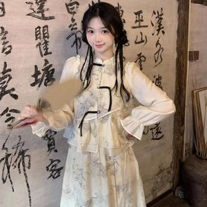 Arbeitskleider Frauen zweiteiliger Stand-up-Kragen schlampig Retro-Shirt Chinesische Temperament Ladies Halbrock Set Trendy und Mädchen