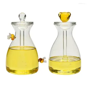 Storage Bottles Honey Jar With Dipper And Lid Bee Pot Transparent Glass Beehive Container Home Kitchen Stirring Syrup Bottle