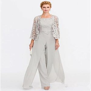 2019 mais novo Cinza Mãe da Noiva Vestidos Duas Peças Jaquetas de Renda Vestidos de Mães Para Eventos de Casamento Pants Suit de Terno Vestido 232W