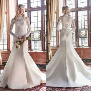 Denizkızı düğün kolları uzun zarif yüksek boyunlu elbiseler 3d çiçek başvuru sahipleri fermuarlı saten mahkeme özel yapım artı beden gelin elbisesi vestidos de novia