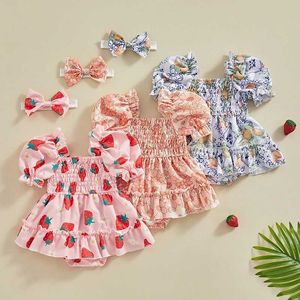 Rompers Summer Nex Baby Clothing Girls Dress Fruit/Flower Stampa a manica corta Canta per capelli per abiti da neonato H240507