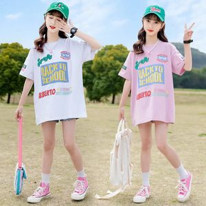 ZOETOP Korean Summer Junior Girl Short Sleeve Tops Children Loose Tees School Alphabet Cotton Sportswear Kids Tshirt 240430