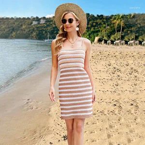 Casual Dresses 2024 Summer Cross-border Sexy Knitted Dress With Suspenders Stripe Color Matching Beach Women