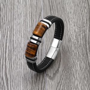 Bangle 2022 New Vintage Jewelry Double Lucky Plate Natural Tiger Eye Charm Wide Leather Rope Tidal Cool Mens Stainless Steel Q240506