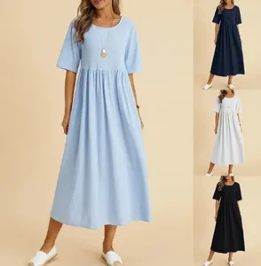 Casual Dresses Loose Cotton Linen Dress for Women Solid Color Midi Round Neck Half Sleeve Summer Trendy Clothes Vestido Feminino