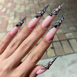 False Nails Long Pointed Press on Nails Spider web Printed Artificial Nail Patch For Lady Women Manicure DIY Art Patches Fake Nail Supplies T240507