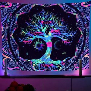 Tapisseries Blacklight Tree of Life Tapestry Sun Moon Stars Galaxy Colorful Hippie Bedroom Dorm Decor Eesthetic Wall Hanging