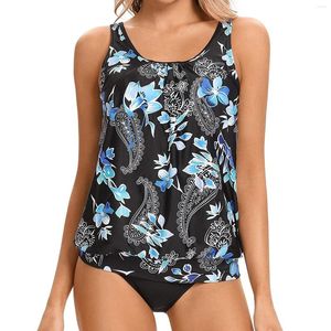 Moda de banho feminina Moda de biquíni feminina define uma listra solta impressão o-pescoço com tampas mangas tankini tankini roupas de praia de duas peças de duas peças