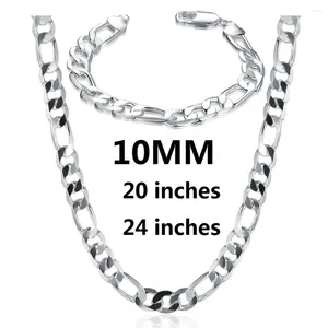 Halskettenohrringe Set 925 Silber plattiert Farbe Klassische 10 -mm -Figaro -Kette Armbänder Hals