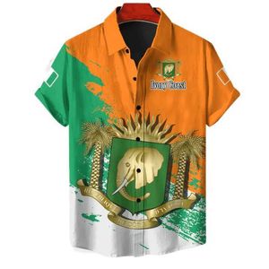 Men's Casual Shirts Ivory Coast Map Flag Short Slve Shirts For Men Clothes Africa Zone National Emblem Blouses Animal Elephant Hawaiian Lapel Top Y240506