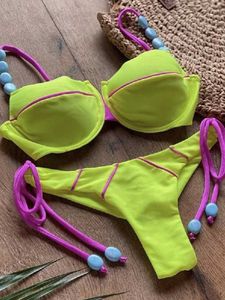 Swimwear femminile sexy bikini 2022 push up bikini set da bagno giallo da bagno giallo micro costume da bagno femmina bandage beach bibicini usura nuotare a due pezzi Y240506