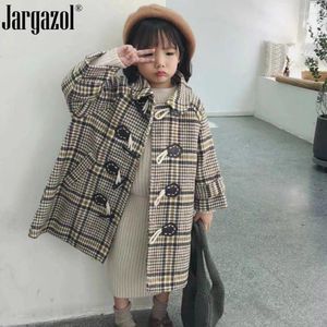 Jackets Girls Winter Overmantelkar Plaid Vintage Horn Schnalle Mantel für Kinder Mädchen süßer Bekleidungsanzug Brand Jacke Drop