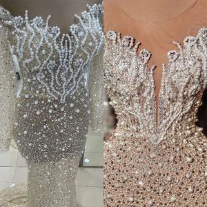 Dresses Squared Beads Pearls Glamorous Wedding Mermaid Long Sleeves Designer Court Custom Made Plus Size Bridal Gown Vestidos De Novia