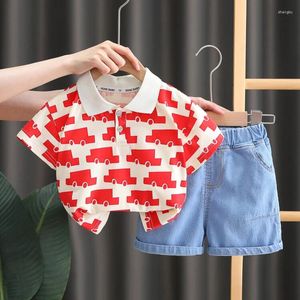 Clothing Sets 2pcs /fashion S Summer 2024 Cute Building Blocks For Red Cars O-neck Kids Shirt Simple Jeans/boys