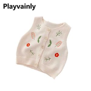 Weste koreanischer Stil Frühlingsbabymädchen Stricken Stricken rund Kragen Ärmeln und Aprikose Stickerei Pullover Wolle H240507