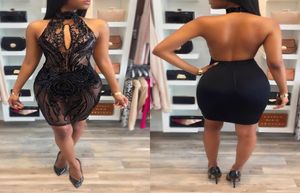 Avrupa ve Amerikan Retro Seksi Yüksek Kaliteli İpek Sequins Backless Elbise Gece Kulübü Elbise Bayanlar Yüksek Neck Jump7675404