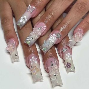 False Nails 24Pcs False Nails Flower Long Coffin with Rhinestone Press on Wearable Square French Design Full Cover Fake Nail Tips Art T240507