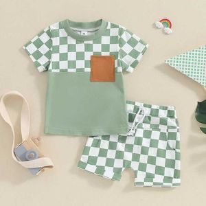 Set di abbigliamento per il bambino vestiti estivi a scacchiera maglietta manica corta con pantaloncini elastici in giro per la vita da 2 pezzi H240507