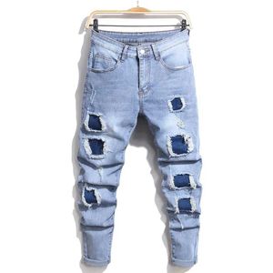 Men's Jeans Men Spring Stylish Holes Patch Skinny Jeans Pants Strt Style Male Motorcycle Slim For Mens Biker Denim Trousers Y240507