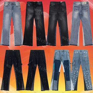 Jeans män jeans designer lapptäcke applikation vintage jeans män och kvinnor high street stänk tvätt mikro blossade casual byxor