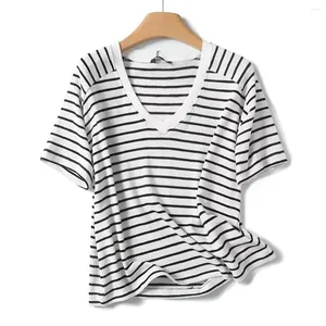 女性用Tシャツ枯れた夏のパッチワークピュアコットンTシャツ女性ノルディックミニマリストストライプファッションルーズオフショルダーカジュアルトップ