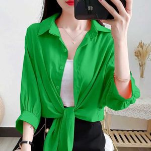 Women's Blouses Shirts Fashion Lapel Button Solid Color All-match Bandage Bow Shirt Fe Clothing 2023 Summer New Casual Tops Oversized Korean Blouse d240507