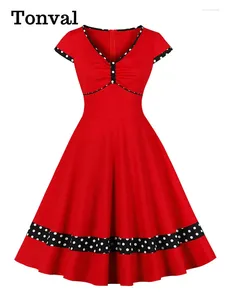 Party Dresses Tonval V-Neck High Waist Red Patchwork Polka Dot Rockabilly Dress For Women Cap Sleeve Knee-Length Cotton Vintage