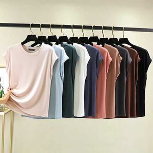 T-shirt femminile femminile top top top slot sleless mobile o collo tshirt solido color magliette casual sciolte plus size top streetwear d240507