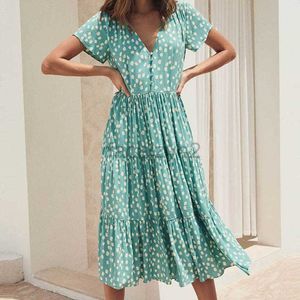 Designerklänning Spring och sommar ny V-ringknapp liten blommig kortärmad semester avslappnad klänning för kvinnor plus storlek klänningar