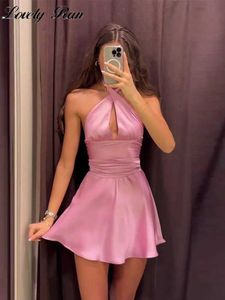 Urban Sexy Dresses Sexy Satin Backless Halter Mini Dress Women V-neck Slveless Slim Waist Female Dresses 2024 Summer Lady Elegant Vestidos T240507