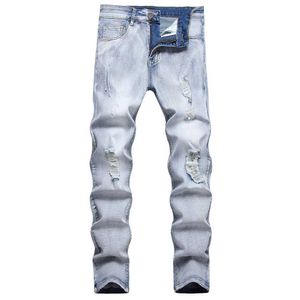 Men's Jeans New Strt Hiphop Men Ripped Skinny Pencil Jeans Trousers Stylish Slim Solid Holes Male Casual Denim Pants Y240507