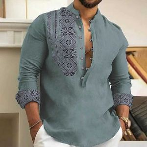 Herrpolos Autumn Mens Shirt Retro Ethnic Style Standing Collar Mens Semi Slim Fit Single Breasted Long Sleeved Casual T-Shirtl2405