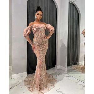 Pink Mermaid Prom Long Sleeves Bateau Appliques Sparkly Sequins 3D Lace Hollow Beaded Floor Length Embroidery Formal Evening Dresses Plus Size Custom Made 0431
