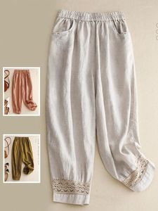 Kobiety preski stały kolor bawełniany harem 2024 Lato puste szorstkie kieszenie na rzepę mody spodnie yoyikamomo