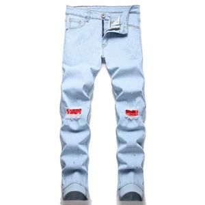 Jeans masculinos Novo Chegada Elastic Kn Hole My Jeans Patch Ponto Personalidade Ponto Jeans para Homem Men Calças Longas de Hip Hop Europeu TNAGER Y240507