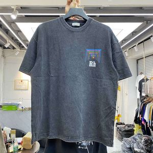 メンズTシャツ男性女性ビンテージヘビーファブリックrhudeボックスパースペクティブティー少しゆるいトップマルチカラーロゴ素敵な洗浄されたrhudeTシャツ4947