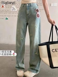 Frauen Jeans Frühlings Sommer Blumenblumen Pant Frauen hohe Taille Mode süße Damen Hosen koreanische Stil Lose Plissee Frau Hosen