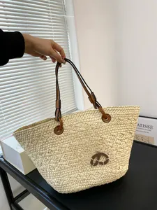 Women beach bag with genuine leather woven pattern summer Lafite grass tote bag vacation leisure shopping bag