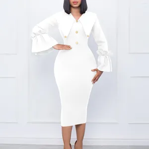 Abbigliamento etnico Estate 2024 Eleganti donne africane a V-Neck Maniche lunghe blu bianco Bianco in poliestere-ginocchio abiti da festa