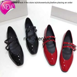 The row red Mary Jane shoes Flat bottom shallow mouth grandma Square head black patent leather single shoes