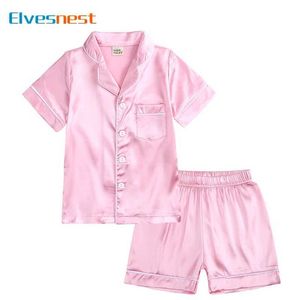 Pyjamas fashionabla fasta färg barn pyjama set säsongsbetonade barnpyjamas satin barns kläder flickor pyjamas 1-13 år gammall2405