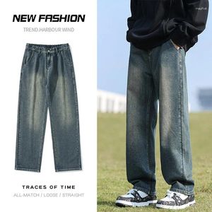 Mäns jeans 2024 Korean Fashion Casual Ankle-längd Classic Man rak denim bredben byxor fast färg blå 3xl