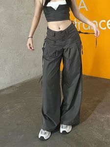 Calça preta feminino verão Hip Hop Casual Streetwear Pockets Bandagem moda calça reta Ladies Solid Loose Pants Long 240417