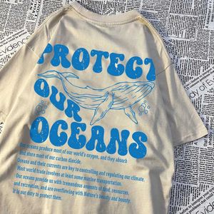 Men's T-Shirts Protect Our Oceans Whale Landing T Shirts Men Pattern Quality Shirt Vintage Cotton Tops Personality Summer Women H240506