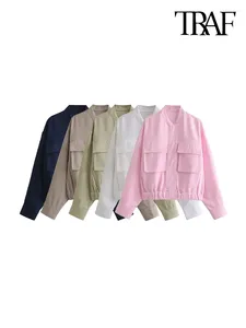 Women's Jackets Women Fashion Patch Pockets Linen Bomber Jacket Coat Vintage Long Sleeve Snap-button Female Outerwear Chic Tops