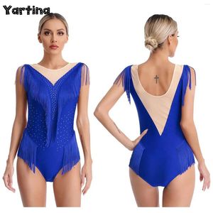 Sahne Giyim Kadınlar Parlak Rhinestone Latin Cha-Cha Tango Samba Tulum Kafesi Tassel Bodysuit Artistik Figür Pating Bale Dans Şeytanları