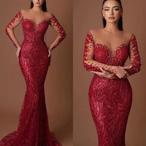 Sparkly Women Evening Dresses Sheer Neck Long Sleeves Prom Gowns Sequins Beads Sweep Train Dress For Party Custom Made Robe De Soiree