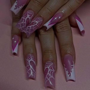 False Nails 24pcs Hallown Nails White Spider Web Love Fale nails Long Coffin Ballet Purple Acrylic Nail Art Patch Full Cover Detachable T240507