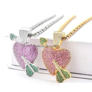 Other Jewelry Sets 18K Gold Cubic Zirconia Arrow Pierced Heart Necklace Set Bling Iced Out Love Pendant Hiphop Necklaces Women Men St Dhw9N