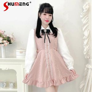 Casual Dresses Japanese Rojita Dress Långärmning Lace Pleated Color Matchande midja Slimming Women's Clothes Autumn and Winter Cute Vestidos